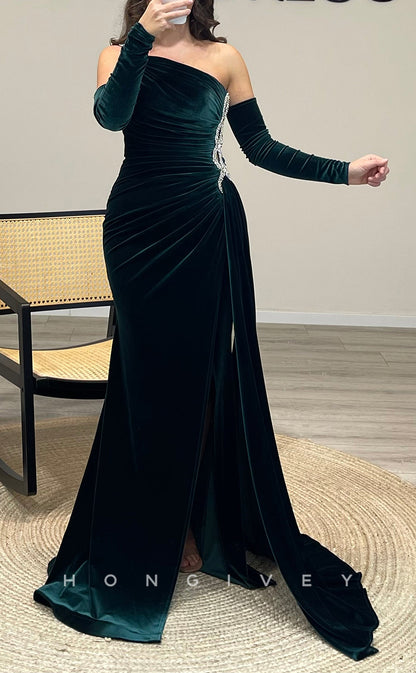 L2296 - Sexy Satin A-Line One Shoulder Empire Beaded Pleats With Side Slit Train Party Prom Evening Dress