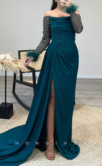 L2297 - Sexy Satin Fitted Off-Shoulder Long Sleeve Empire Beaded Feathers Ruched With Side Slit Party Prom Evening Dress