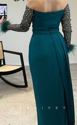 L2297 - Sexy Satin Fitted Off-Shoulder Long Sleeve Empire Beaded Feathers Ruched With Side Slit Party Prom Evening Dress