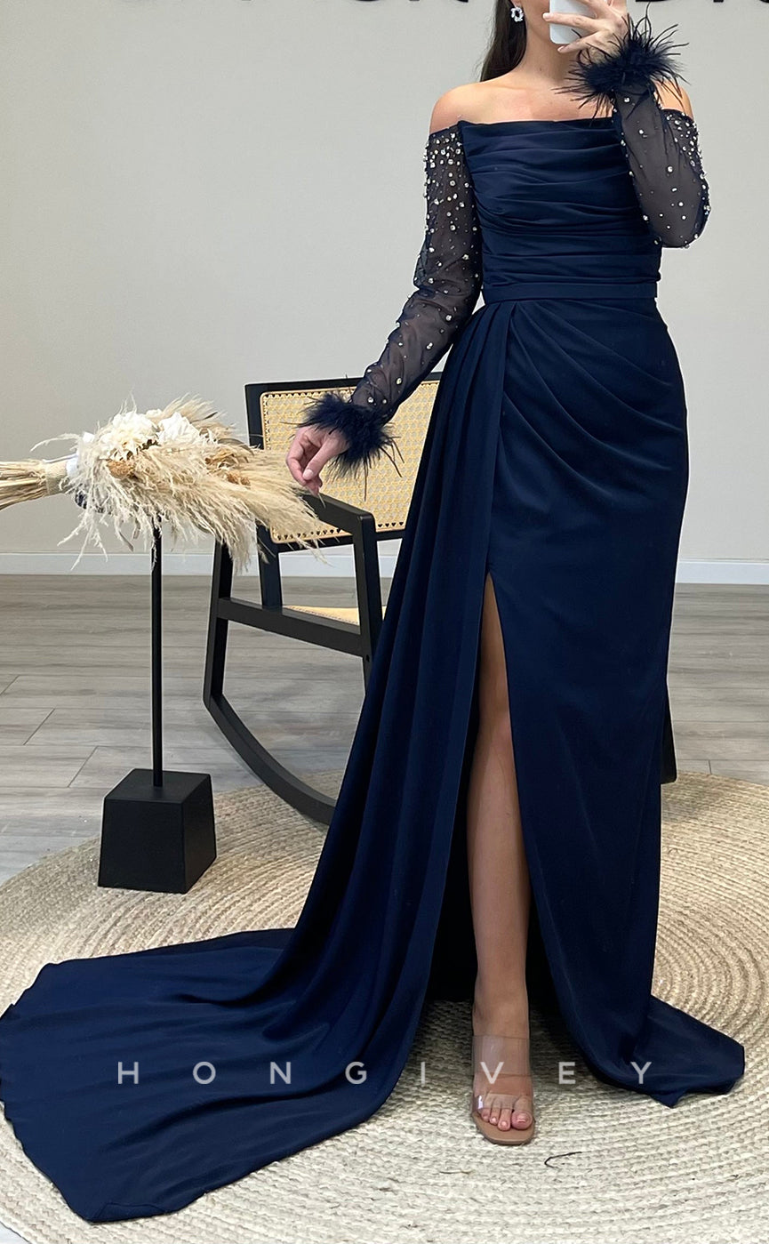 L2297 - Sexy Satin Fitted Off-Shoulder Long Sleeve Empire Beaded Feathers Ruched With Side Slit Party Prom Evening Dress
