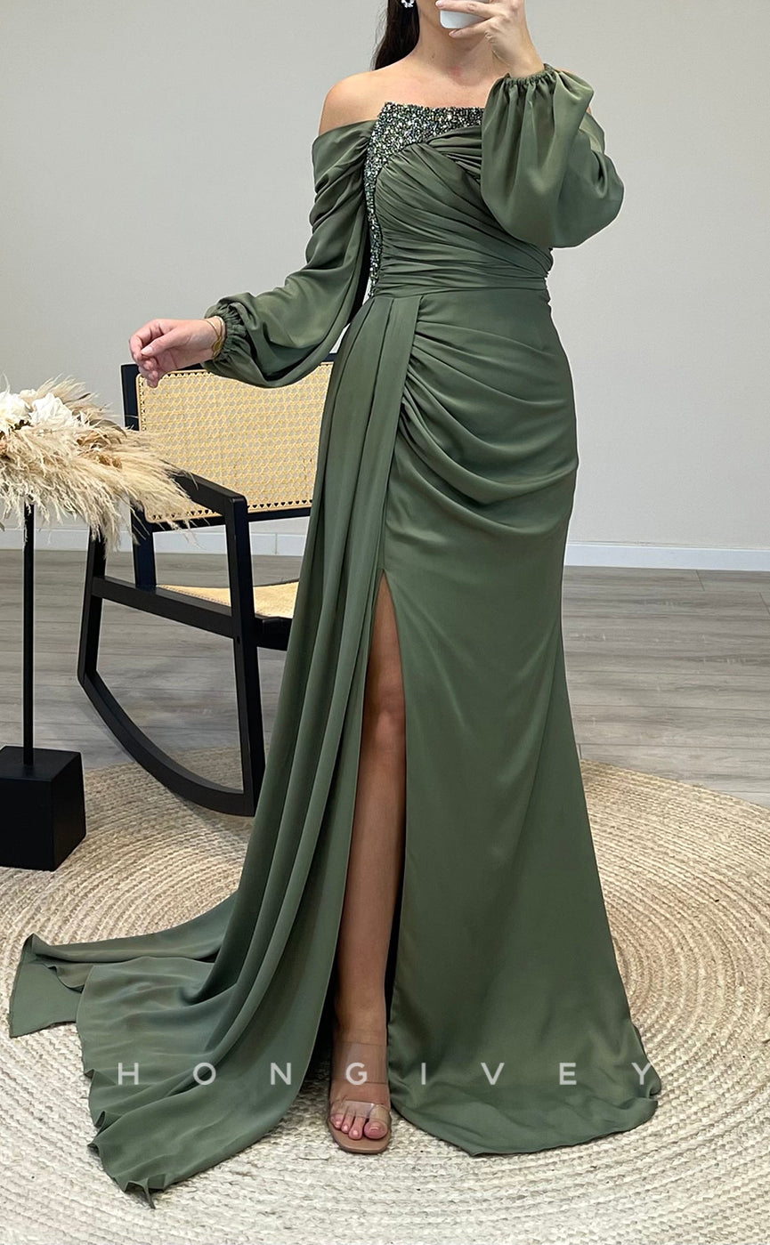 L2298 - Sexy Satin Fitted Off-Shoulder Long Sleeve Empire Beaded Ruched With Side Slit Party Prom Evening Dress