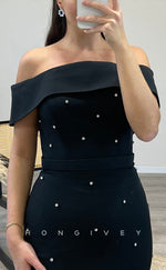 L2299 - Sexy Satin Trumpet Off-Shoulder Sleeveless Empire Beaded With Train Party Prom Evening Dress