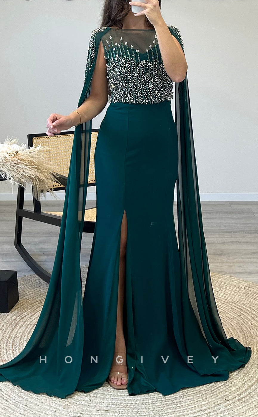 L2300 - Sexy Satin Trumpet Round Empire Beaded With Bolero With Side Slit Train Party Prom Evening Dress