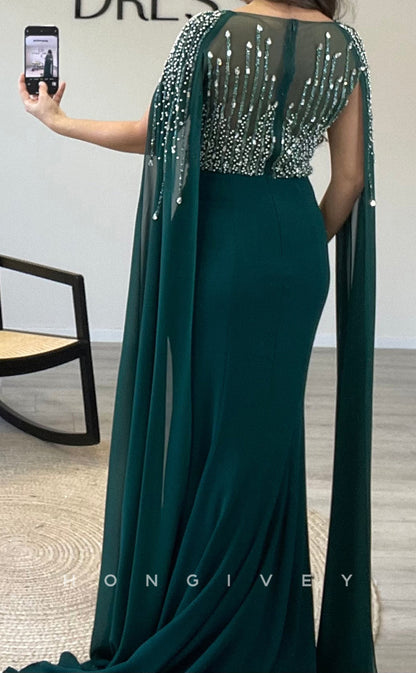 L2300 - Sexy Satin Trumpet Round Empire Beaded With Bolero With Side Slit Train Party Prom Evening Dress