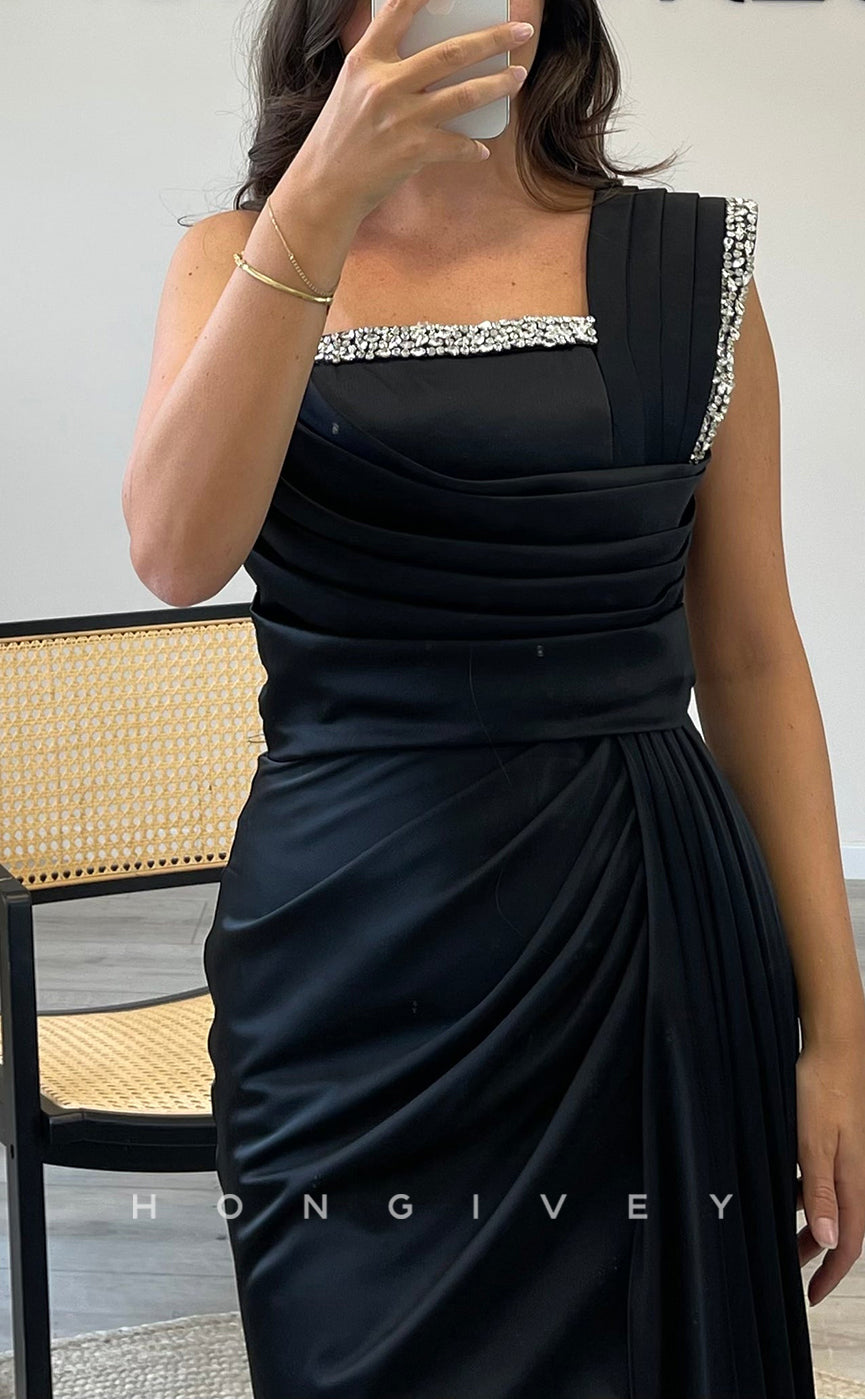 L2301 - Sexy Satin Trumpet One Shoulder Empire Beaded Ruched With Side Slit Train Party Prom Evening Dress