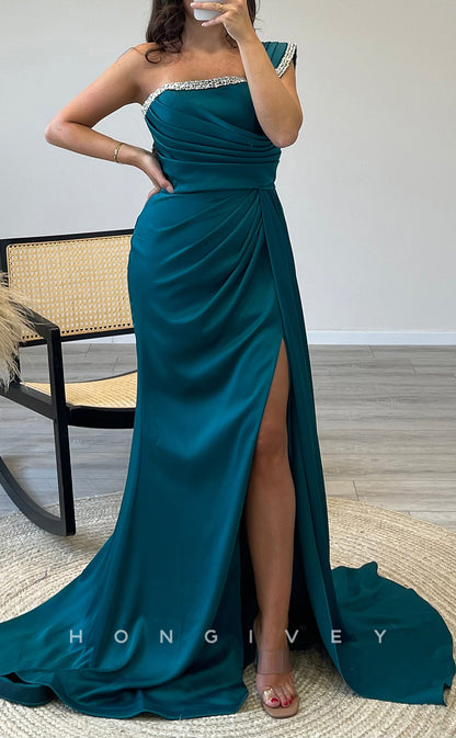 L2301 - Sexy Satin Trumpet One Shoulder Empire Beaded Ruched With Side Slit Train Party Prom Evening Dress