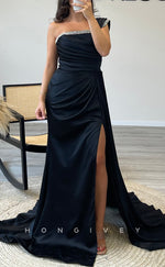 L2301 - Sexy Satin Trumpet One Shoulder Empire Beaded Ruched With Side Slit Train Party Prom Evening Dress