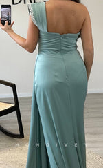 L2301 - Sexy Satin Trumpet One Shoulder Empire Beaded Ruched With Side Slit Train Party Prom Evening Dress