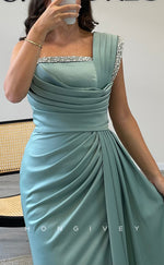 L2301 - Sexy Satin Trumpet One Shoulder Empire Beaded Ruched With Side Slit Train Party Prom Evening Dress