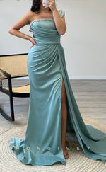 L2301 - Sexy Satin Trumpet One Shoulder Empire Beaded Ruched With Side Slit Train Party Prom Evening Dress