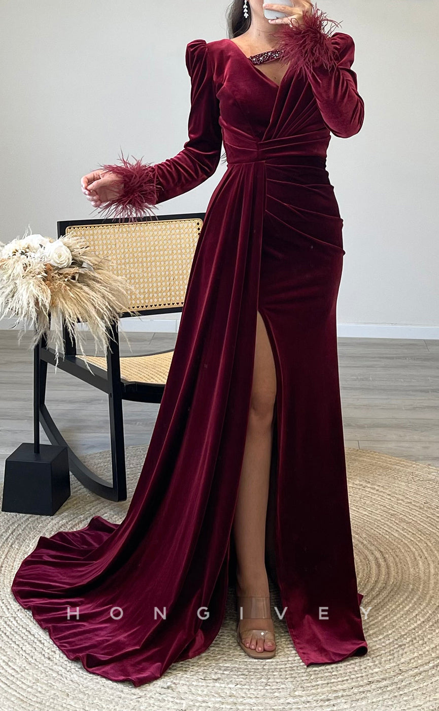 L2302 - Sexy Satin Fitted V-Neck Long Sleeve Empire Ruched Feathers Beaded With Side Slit Party Prom Evening Dress