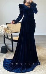 L2302 - Sexy Satin Fitted V-Neck Long Sleeve Empire Ruched Feathers Beaded With Side Slit Party Prom Evening Dress