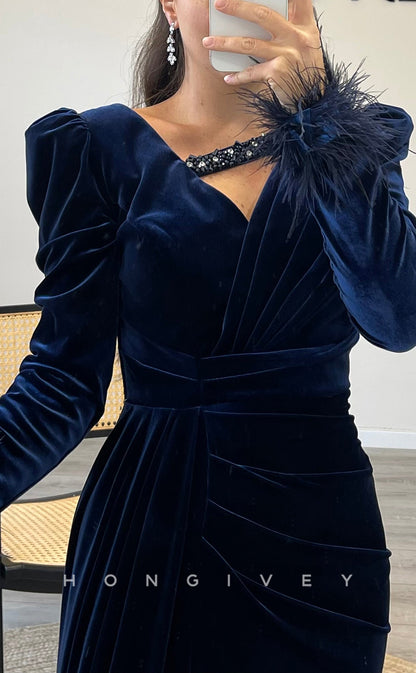 L2302 - Sexy Satin Fitted V-Neck Long Sleeve Empire Ruched Feathers Beaded With Side Slit Party Prom Evening Dress