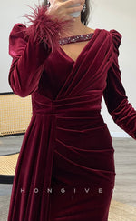 L2302 - Sexy Satin Fitted V-Neck Long Sleeve Empire Ruched Feathers Beaded With Side Slit Party Prom Evening Dress