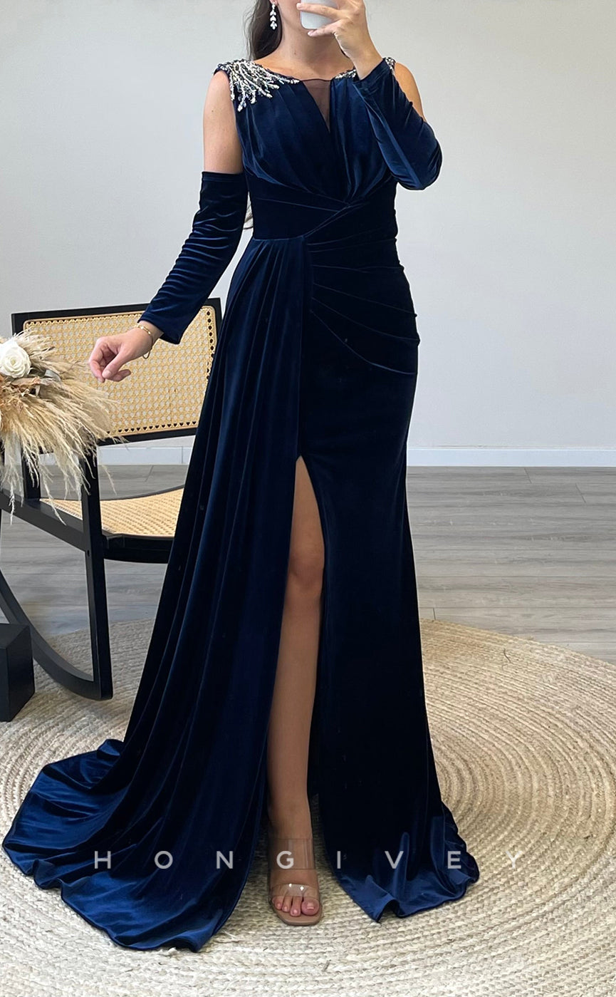 L2303 - Sexy Satin Fitted Scoop Empire Beaded Pleats With Side Slit Train Party Prom Evening Dress