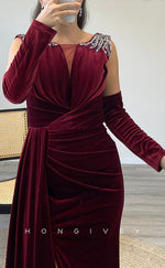 L2303 - Sexy Satin Fitted Scoop Empire Beaded Pleats With Side Slit Train Party Prom Evening Dress