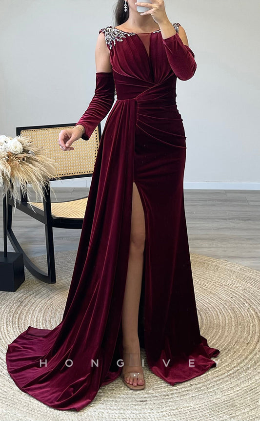 L2303 - Sexy Satin Fitted Scoop Empire Beaded Pleats With Side Slit Train Party Prom Evening Dress