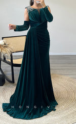 L2303 - Sexy Satin Fitted Scoop Empire Beaded Pleats With Side Slit Train Party Prom Evening Dress