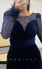 L2304 - Sexy Satin Fitted Scoop Empire Long Sleeve Feathers Ruched With Side Slit Party Prom Evening Dress