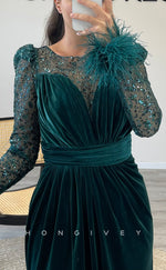 L2304 - Sexy Satin Fitted Scoop Empire Long Sleeve Feathers Ruched With Side Slit Party Prom Evening Dress