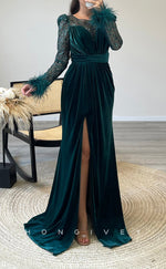 L2304 - Sexy Satin Fitted Scoop Empire Long Sleeve Feathers Ruched With Side Slit Party Prom Evening Dress