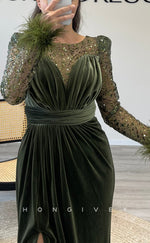 L2304 - Sexy Satin Fitted Scoop Empire Long Sleeve Feathers Ruched With Side Slit Party Prom Evening Dress