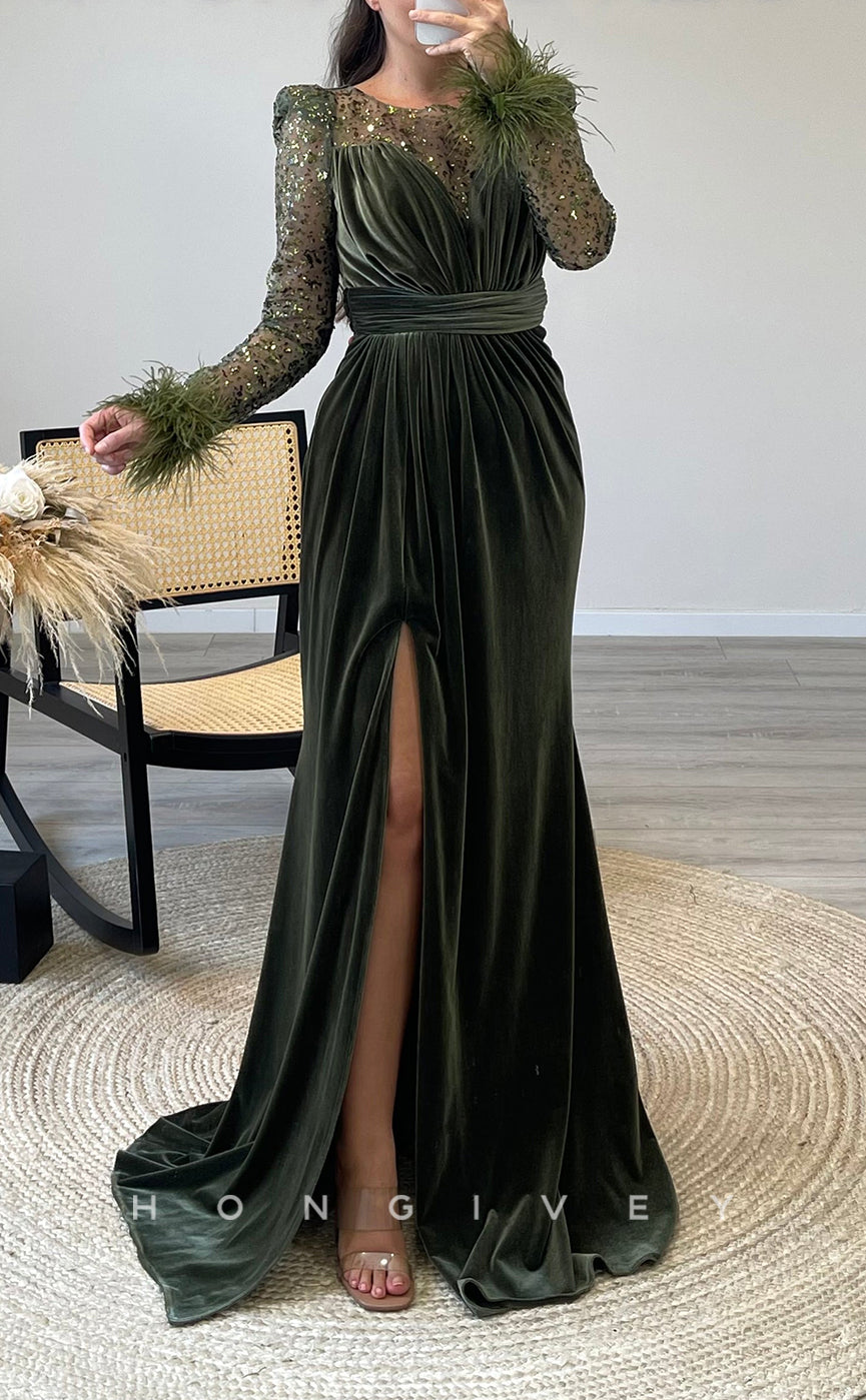 L2304 - Sexy Satin Fitted Scoop Empire Long Sleeve Feathers Ruched With Side Slit Party Prom Evening Dress