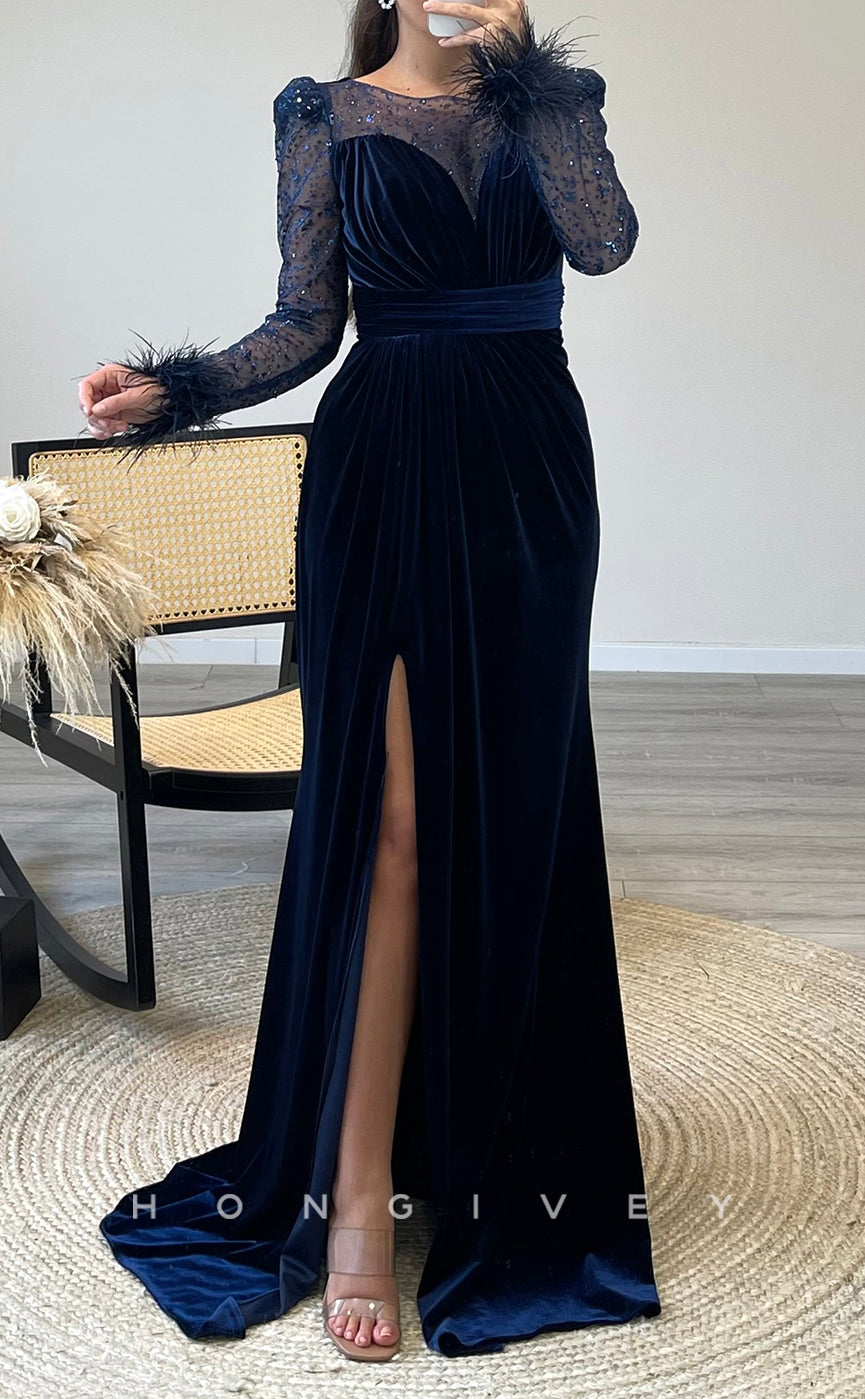 L2304 - Sexy Satin Fitted Scoop Empire Long Sleeve Feathers Ruched With Side Slit Party Prom Evening Dress
