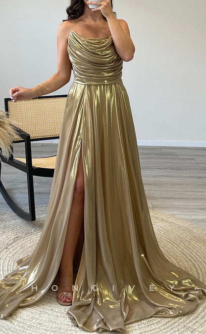 L2305 - Sexy Satin Glitter A-Line Bateau Strapless Empire Ruched With Side Slit Party Prom Evening Dress