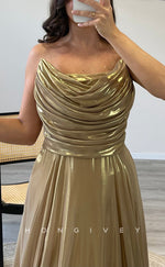 L2305 - Sexy Satin Glitter A-Line Bateau Strapless Empire Ruched With Side Slit Party Prom Evening Dress