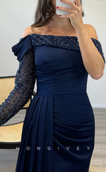 L2306 - Sexy Satin Fitted Off-Shoulder Long Sleeve Empire Beaded Appliques Ruched With Train Party Prom Evening Dress