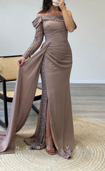 L2306 - Sexy Satin Fitted Off-Shoulder Long Sleeve Empire Beaded Appliques Ruched With Train Party Prom Evening Dress