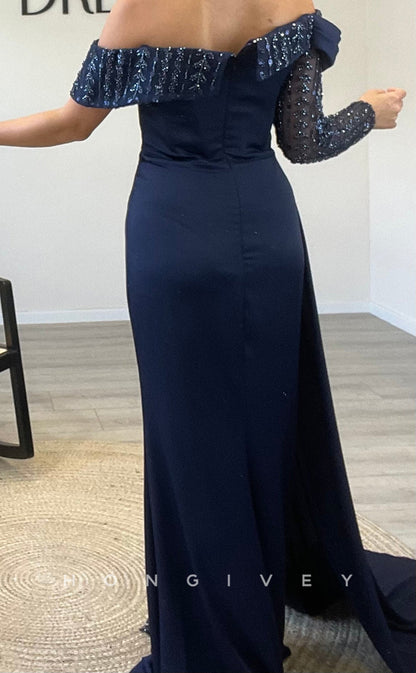 L2306 - Sexy Satin Fitted Off-Shoulder Long Sleeve Empire Beaded Appliques Ruched With Train Party Prom Evening Dress
