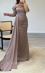 L2306 - Sexy Satin Fitted Off-Shoulder Long Sleeve Empire Beaded Appliques Ruched With Train Party Prom Evening Dress