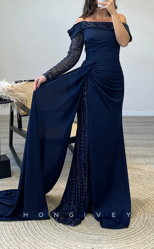 L2306 - Sexy Satin Fitted Off-Shoulder Long Sleeve Empire Beaded Appliques Ruched With Train Party Prom Evening Dress