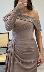 L2306 - Sexy Satin Fitted Off-Shoulder Long Sleeve Empire Beaded Appliques Ruched With Train Party Prom Evening Dress