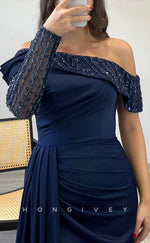 L2306 - Sexy Satin Fitted Off-Shoulder Long Sleeve Empire Beaded Appliques Ruched With Train Party Prom Evening Dress