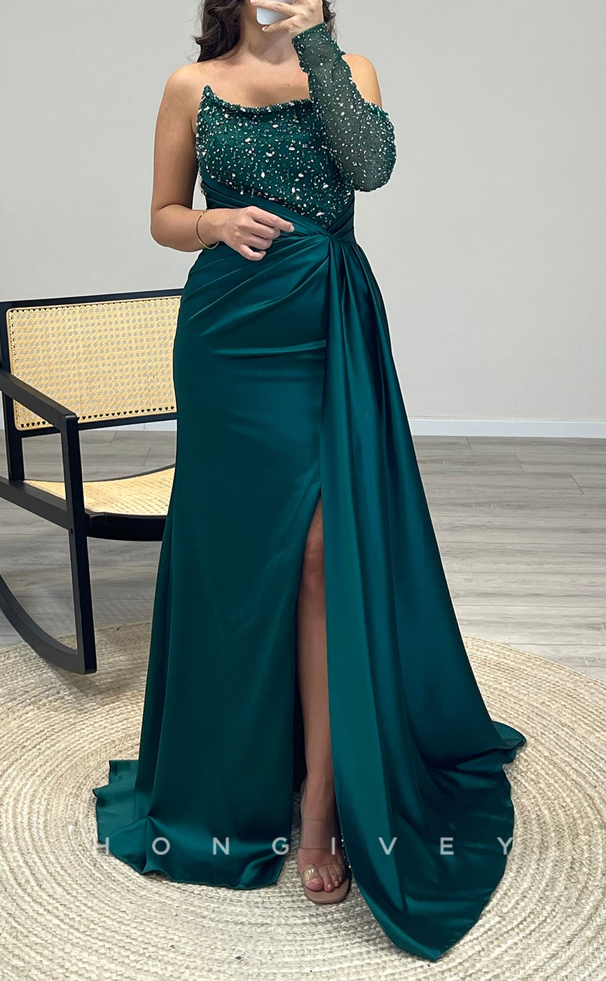 L2307 - Sexy Satin Trumpet Bateau One Shoulder Empire Pleats Beaded With Side Slit Party Prom Evening Dress