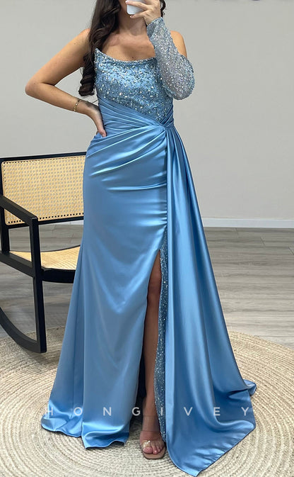 L2307 - Sexy Satin Trumpet Bateau One Shoulder Empire Pleats Beaded With Side Slit Party Prom Evening Dress