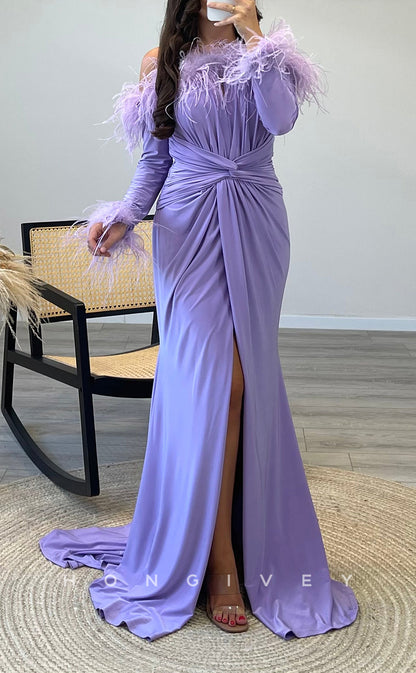 L2308 - Sexy Satin Trumper Off-Shoulder Long Sleeve Empire Ruched Feathers With Slit Party Prom Evening Dress