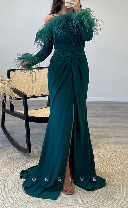 L2308 - Sexy Satin Trumper Off-Shoulder Long Sleeve Empire Ruched Feathers With Slit Party Prom Evening Dress
