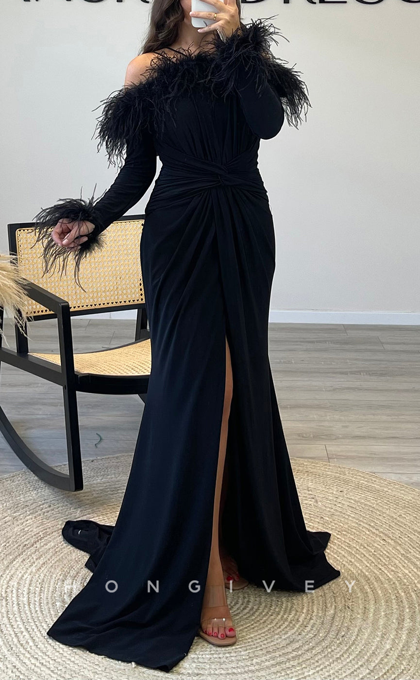 L2308 - Sexy Satin Trumper Off-Shoulder Long Sleeve Empire Ruched Feathers With Slit Party Prom Evening Dress