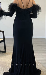 L2308 - Sexy Satin Trumper Off-Shoulder Long Sleeve Empire Ruched Feathers With Slit Party Prom Evening Dress