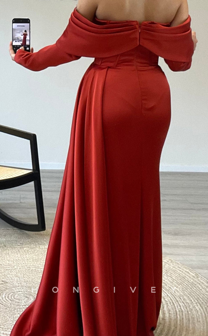 L2309 - Sexy Satin Fitted Off-Shoulder Long Sleeve Empire Ruched With Train Party Prom Evening Dress
