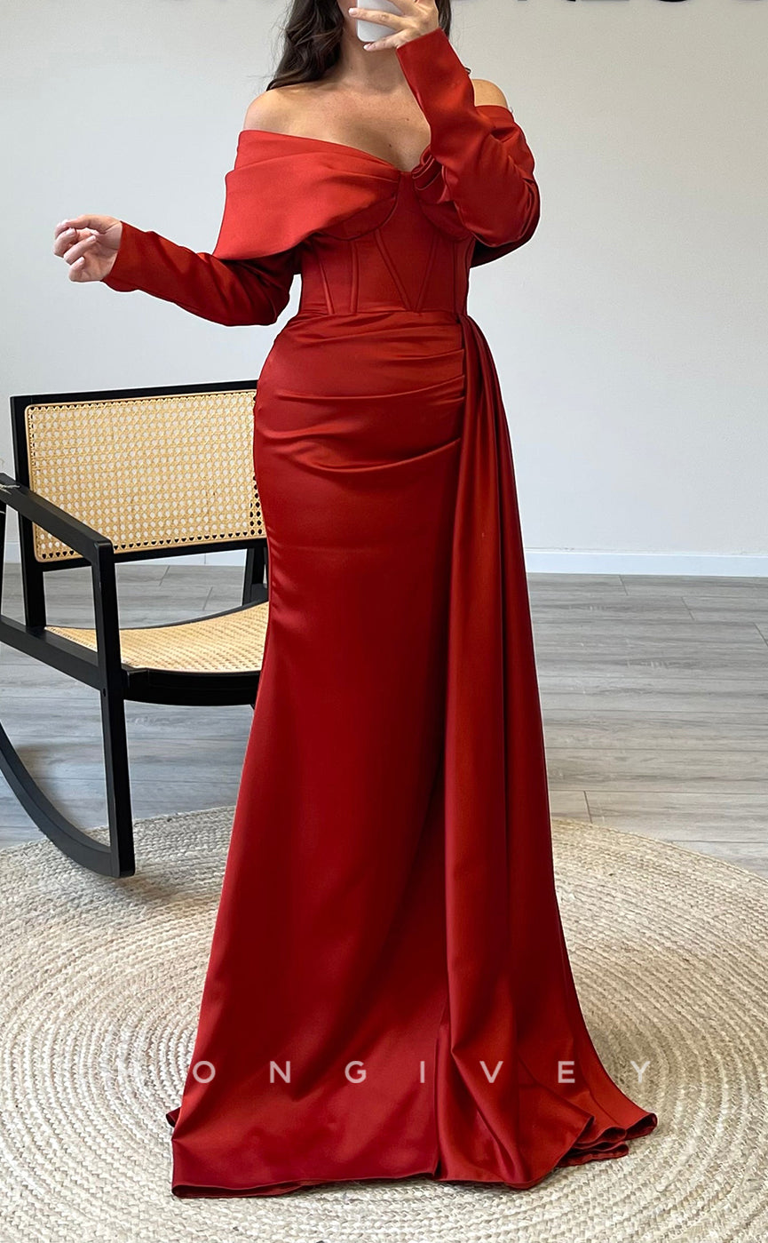 L2309 - Sexy Satin Fitted Off-Shoulder Long Sleeve Empire Ruched With Train Party Prom Evening Dress