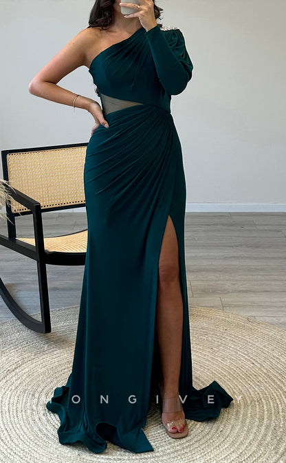 L2310 - Sexy Satin Fitted One Shoulder Empire Illusion Ruched With Side Slit Train Party Prom Evening Dress