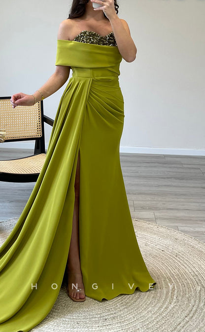 L2311 - Sexy Satin Fitted One Shoulder Empire Beaded Ruched With Side Slit Train Party Prom Evening Dress