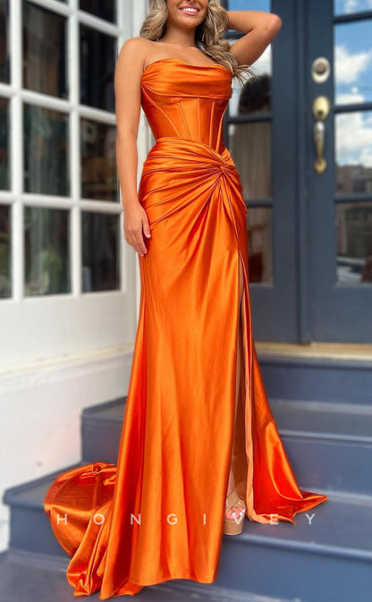 L2314 - Sexy Satin A-Line Strapless Empire Ruched With Side Slit Train Party Prom Evening Dress