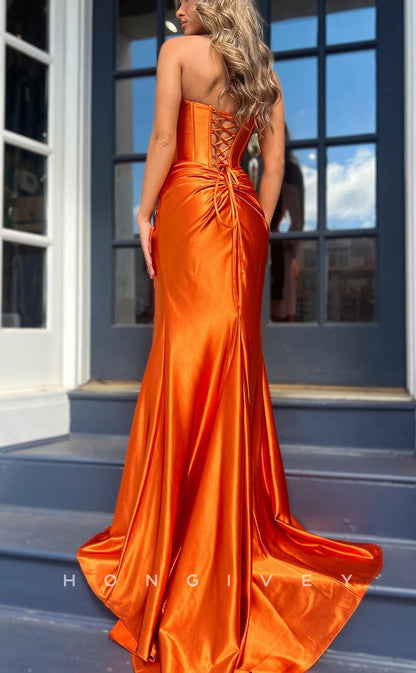 L2314 - Sexy Satin A-Line Strapless Empire Ruched With Side Slit Train Party Prom Evening Dress