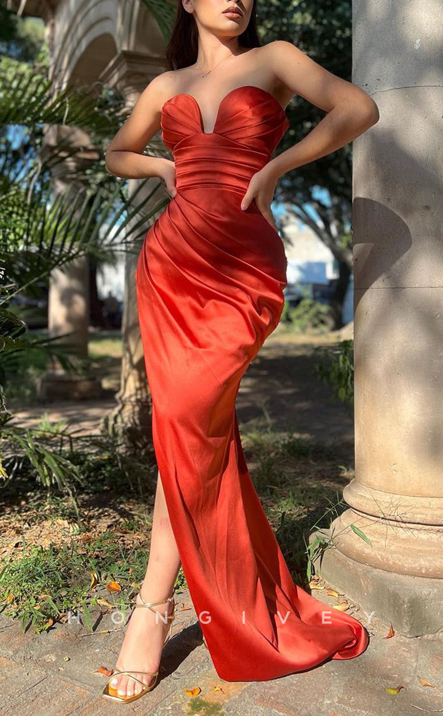 L2315 - Sexy Satin Fitted Sweetheart Strapless Empire Ruched With Side Slit Train Party Prom Evening Dress